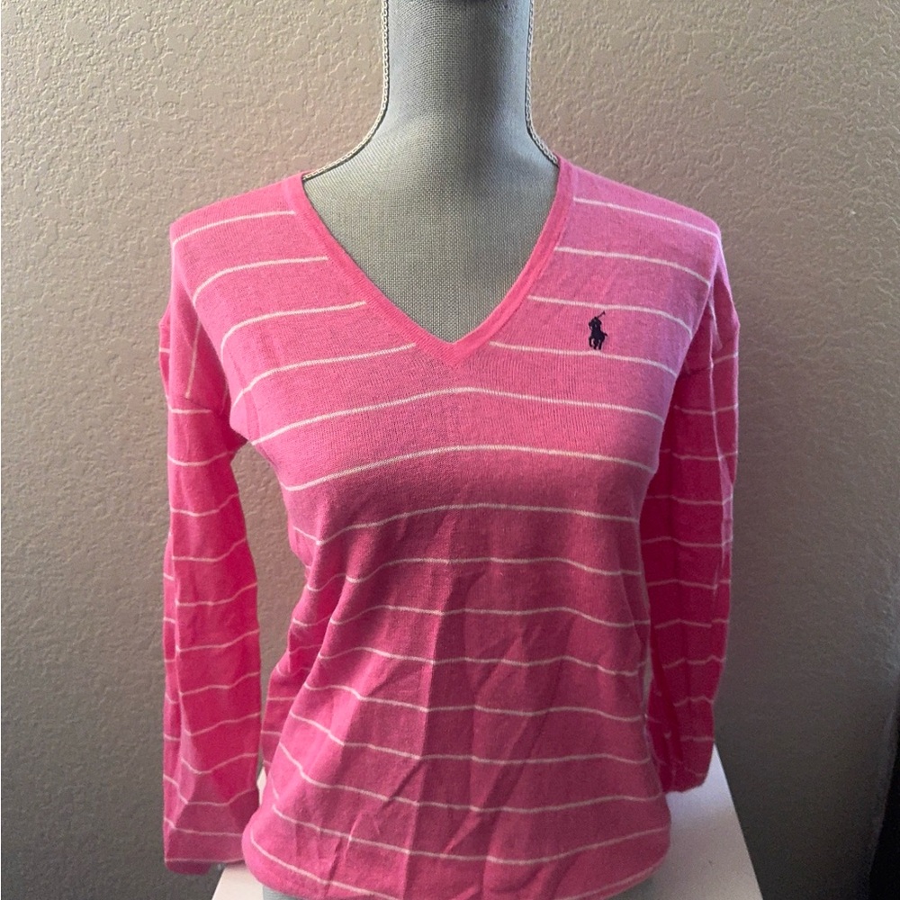 Ralph Lauren Pink and White V-Neck Sweater
